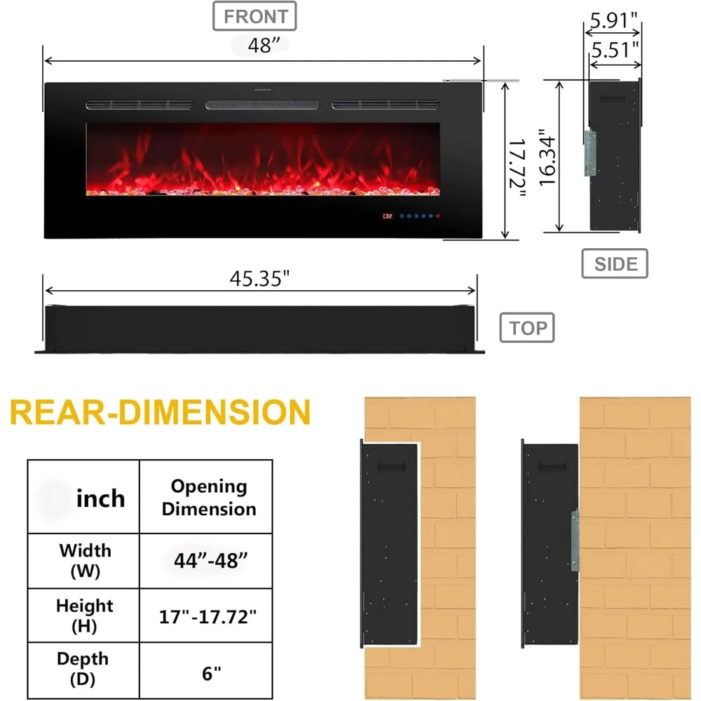 48 Inches Electric Fireplace Inserts, Recessed and Wall Mounted Fireplace Heater for Indoor Use with Remote Control fireplace 3