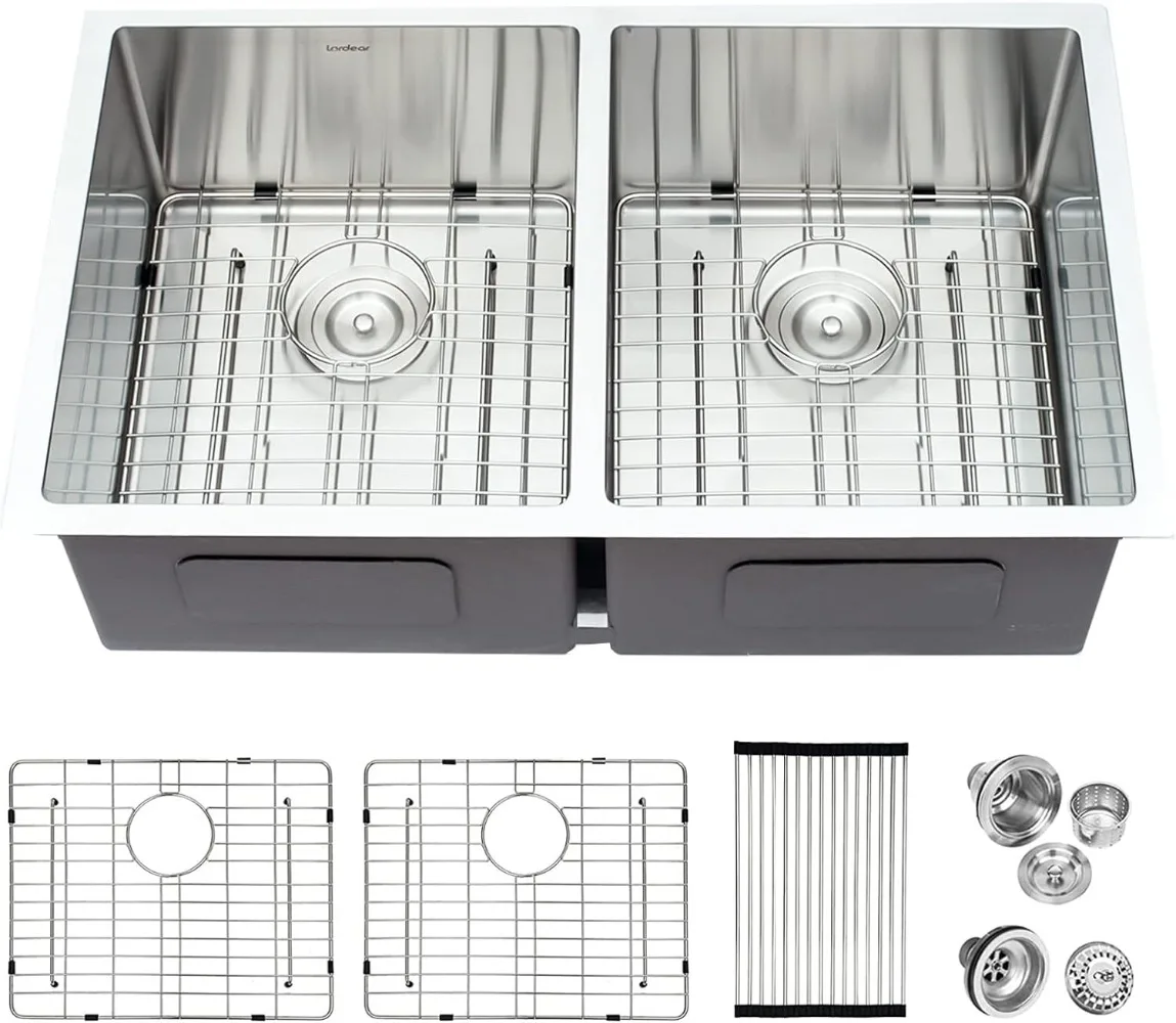 

32 Inch Undermount Sink Deep Double Bowl 50/50 16 Gauge Stainless Steel Round Corner Tight Radius Kitchen Sink