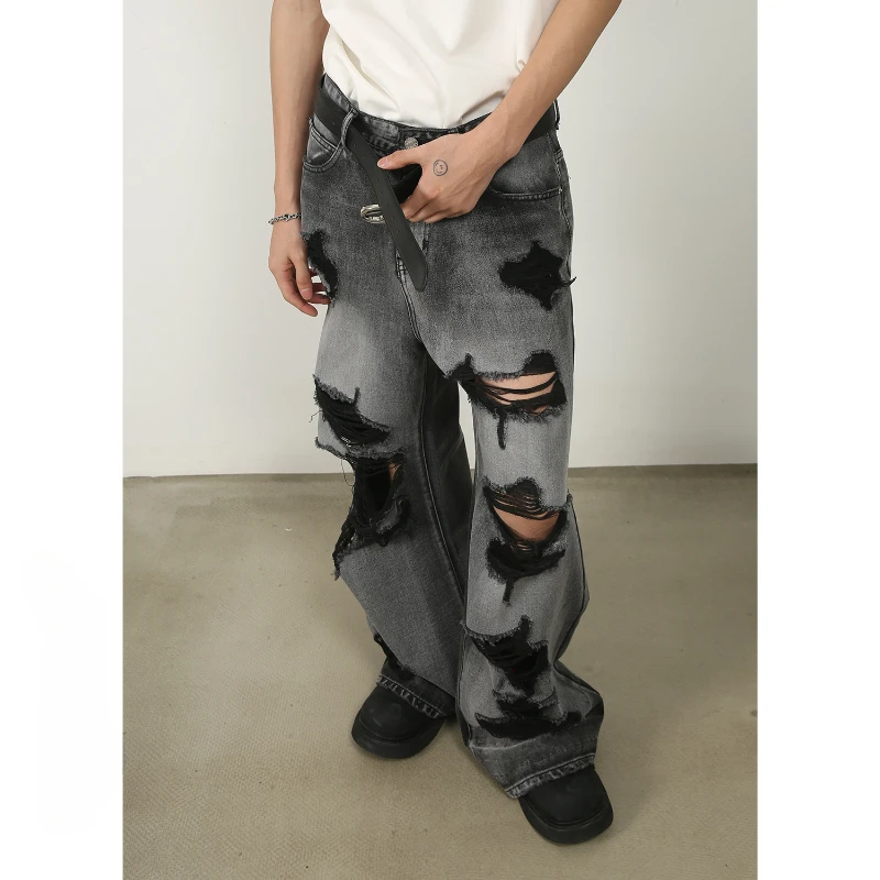 

Men's Black Gray Loose Wide Leg Ripped Jeans Full Length Fashion S-XL