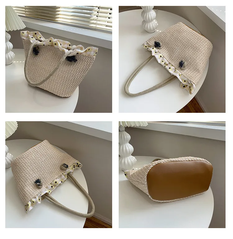 Women Straw Bags 2022 Summer New Pastoral Woven Shoulder Bag Simple Large Capacity Portable Lace Beach Bag