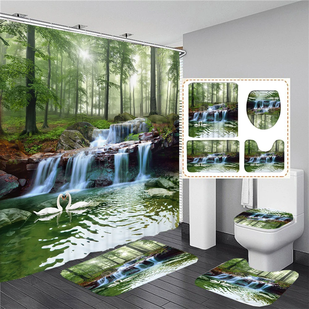 

Forest Waterfall Scenery Shower Curtain Set and Non Slip Bath Mat U-Shaped Toilet Rug Floor Mat Waterproof Bathroom Curtain