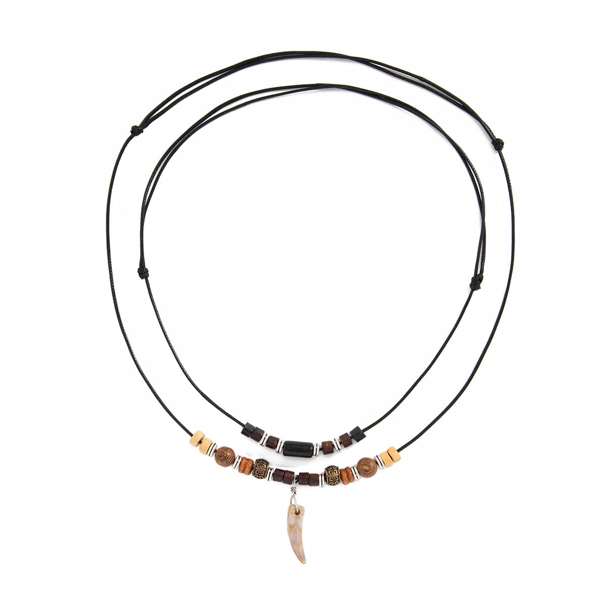 KunJoe 2Pcs/Set Vintage Wolf Tooth Pendant Necklace for Men Simple Wood Beads Choker Adjustable Leather Rope Chain Neck Jewelry
