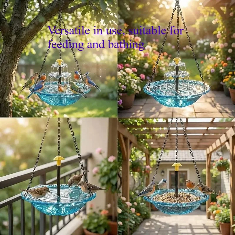 Outdoor Hanging Solar Bird Bath Fountain, 3-Tier Water Feature with Feeder Tray for Hummingbirds, Garden Pond Decor 3