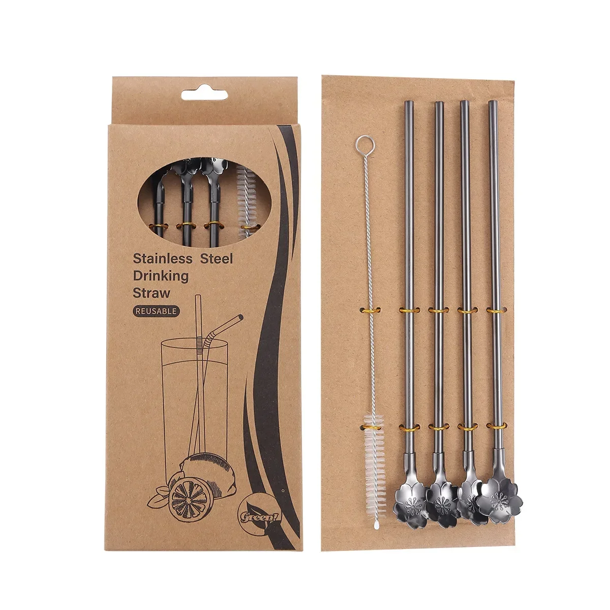 Cherry Blossom Stainless Steel Straw Spoon Set with Cleaning Brush - Ideal for Summer Drinks and Cocktails