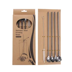 Cherry Blossom Stainless Steel Straw Spoon Set with Cleaning Brush - Ideal for Summer Drinks and Cocktails (Black)