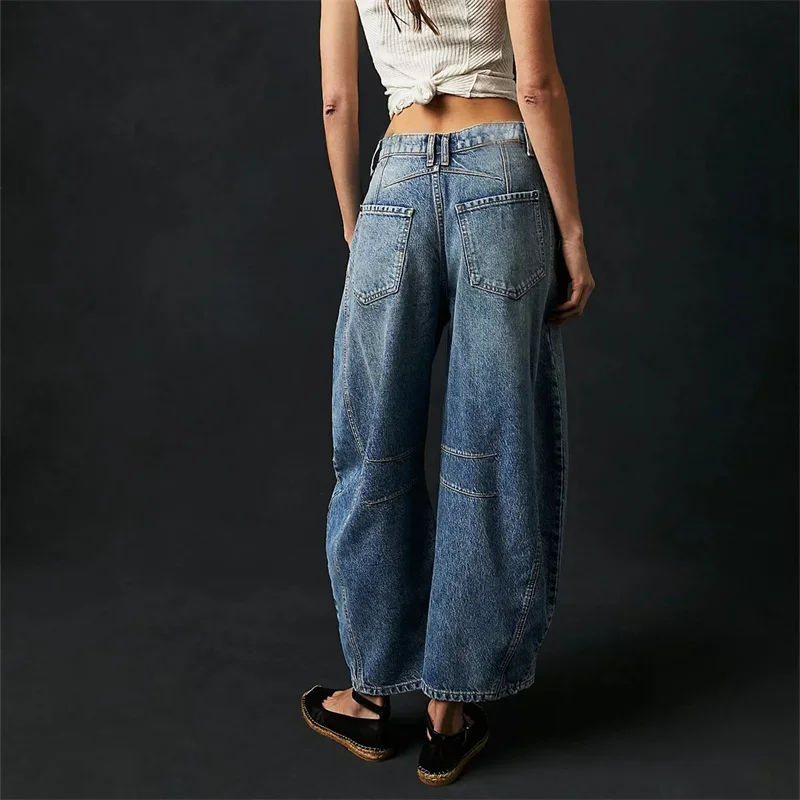 Women Vintage American Style Denim Jeans New Knee Splicing Design Straight Pants Female Commuter Casual Loose Mid Waist Trousers