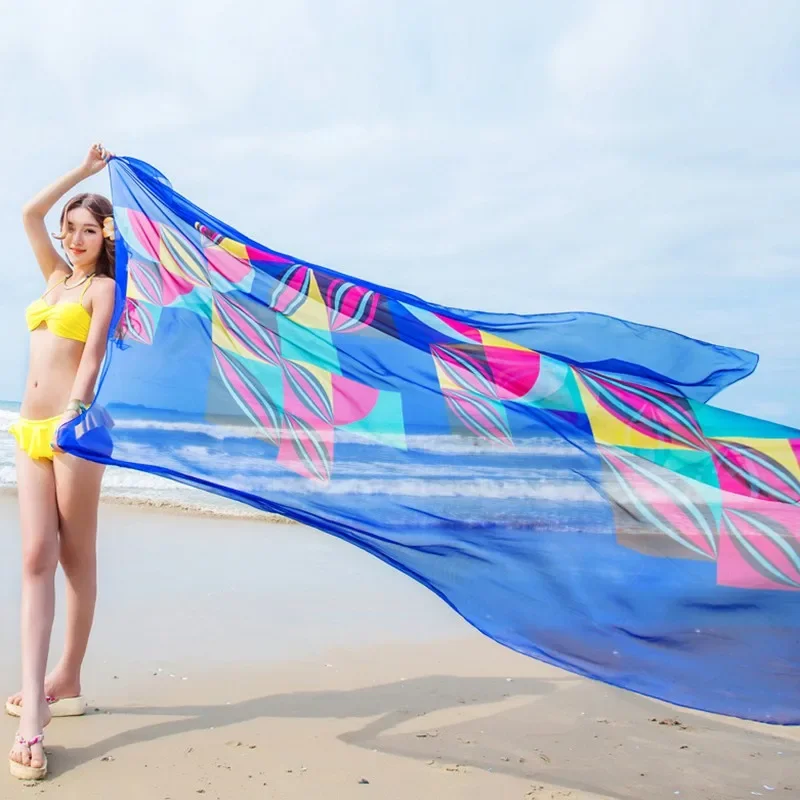 Women's plus Size Pareo Scarf Beach Sarongs Summer Chiffon Geometrical Design Cover up Towel Ladies Summer Beachwear