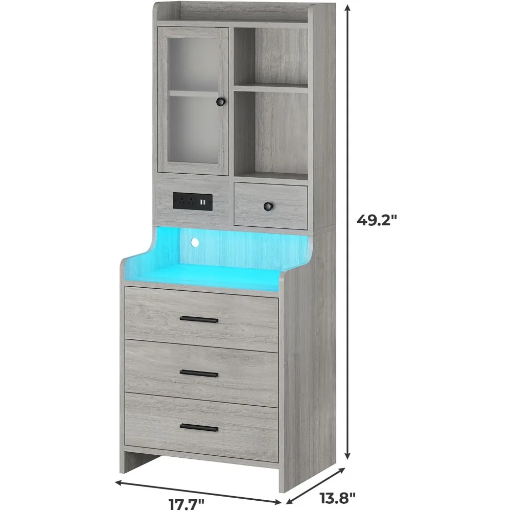 Grey Nightstand Set of 2 with Charging Station,49.2" LED Night Stand for Bedroom,Tall Bedside Table with Bookshelf and Drawers, 2