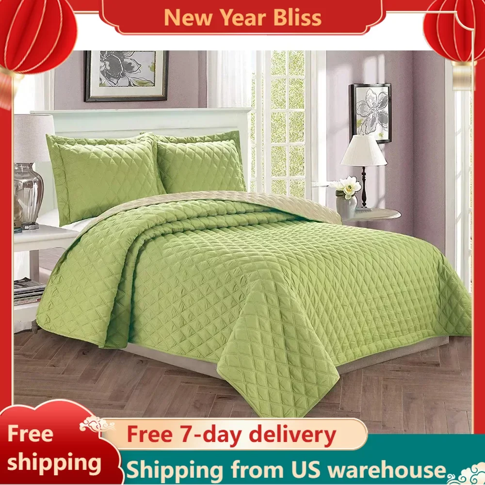 

3-Piece Bedspread Coverlet Quilted Set With Shams - Full/Queen Bedspread on the Bed Bedspreads Free Shipping Sage/Cream Cover