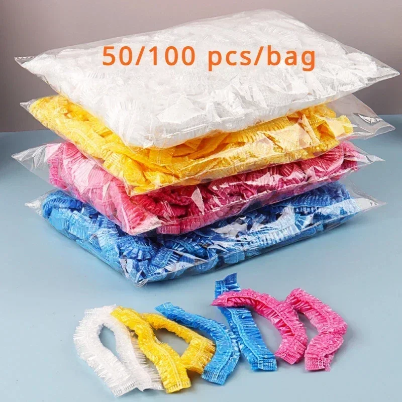 Disposable shower cap Waterproof shower cap Shower cap Disposable hair cap 50/100PCS Disposable Shower Cap Elastic Plastic Thickened 42cm Waterproof Headgear for Spa Salon Hair Dye Women Elastic Hair Cap