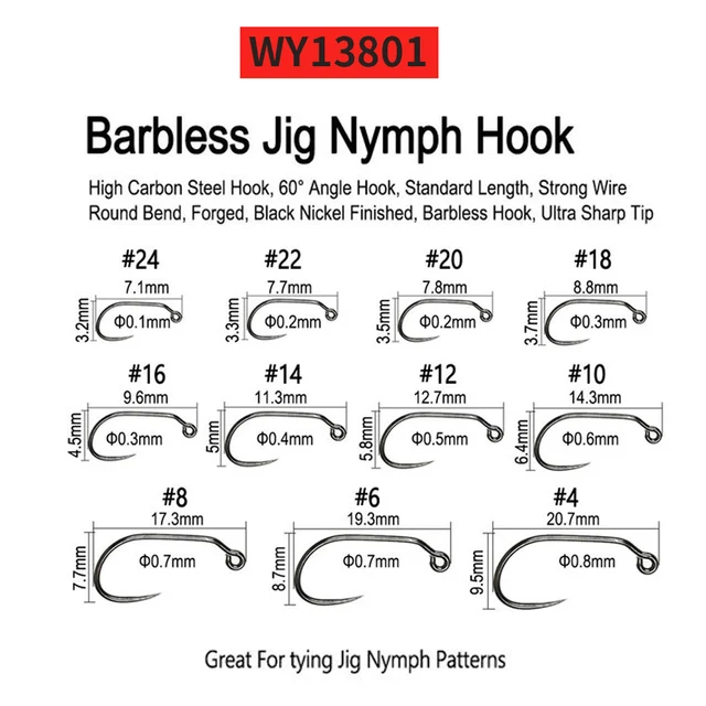 Vtwins 50 Barbed Barbless Fly Tying Hooks 60 Degree Jig Nymph