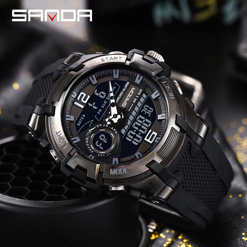 Sanda new male Sports Watch personality cool waterproof electronic watch fashion large dial double watch man watch 