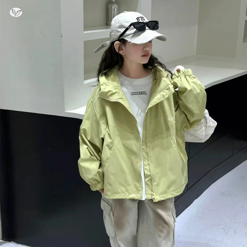 2026 봄 가을 여아 의류 십대 아동 패션 단색 더블 지퍼 후드 윈드브레이커 코트 아동 방수 재킷