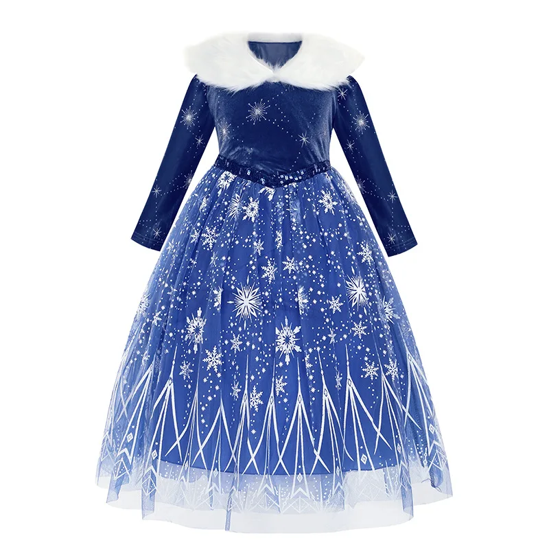 

Disney Autumn Winter New Ice and Snow Love Love Sha Long Sleeve Fur Neck Dress Girls' Party Ball Cosplay Princess Dress Costumes