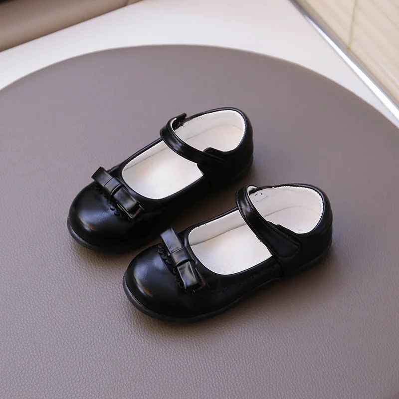 Girls Princess Shoes with Simple Bow Matte Kids School Shoes Black White Children Flat Shoes Round Toes Soild Color 2025 New