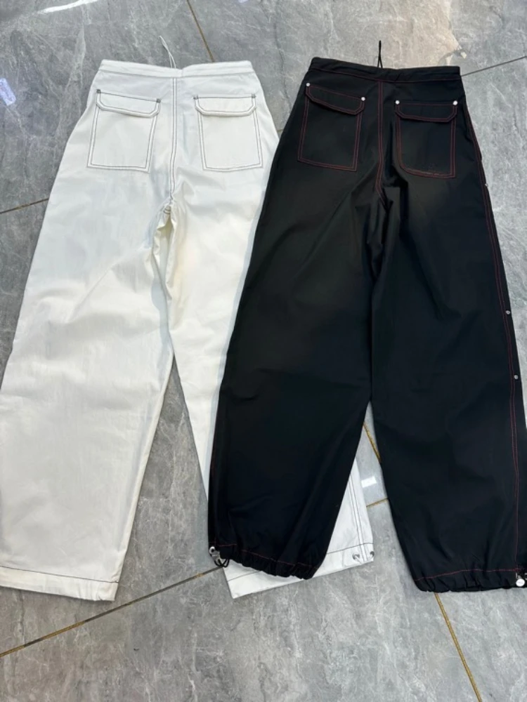 2024 New Top Quality Solid White Women High Street Pants Bright Line Decoration Pockets Drawstring Cargo Pants Spring Summer