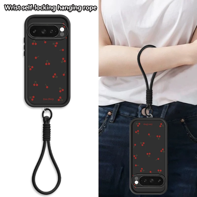 Cherry Printed Shockproof Soft TPU Phone Case with Lanyard Cover