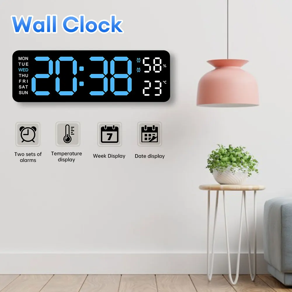 Digital Wall Clock Large Temp Date Week Display 12/24 Hour Wall-mounted Alarm Clock USB Dimming Electronic Home Decor