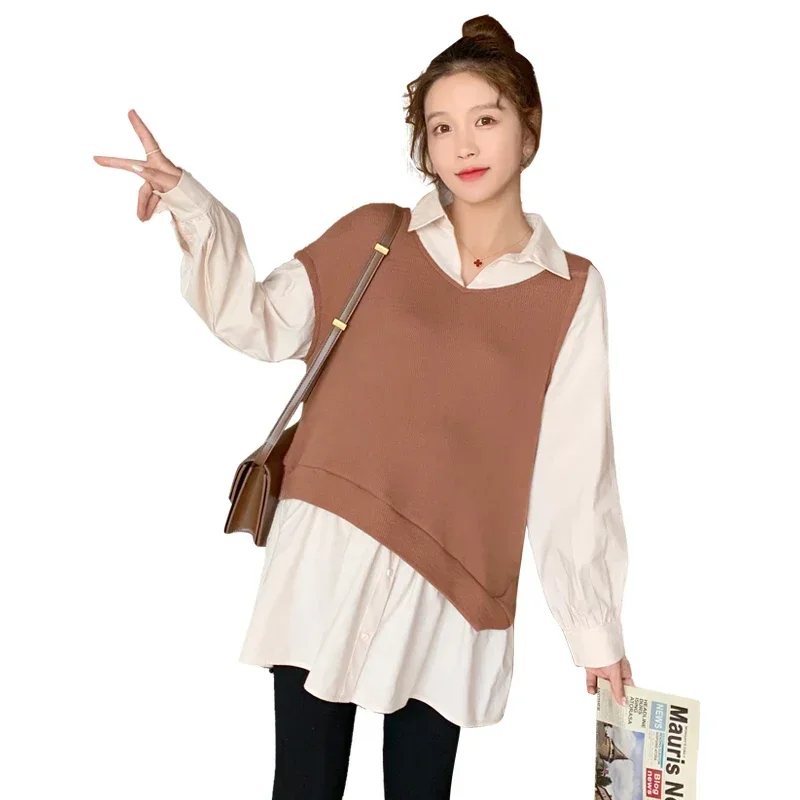Spring Maternity Clothing Set Long Sleeve Turn-down Collar Knitted Pullovers+black Leggings Pregnant Woman Shirts Twinset