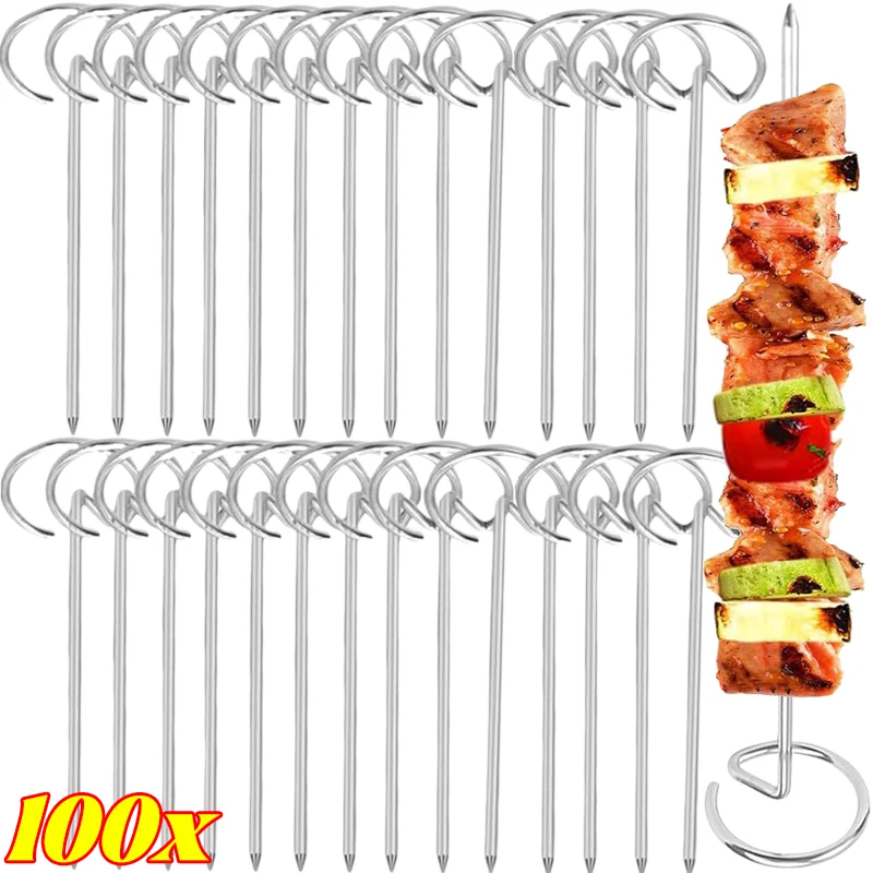 100/10PCS Stainless Steel BBQ Skewers Air Fryer Oven Meat Stick Reusable Grill Barbecue Skewers Baking Stick Mini Kitchen Tools