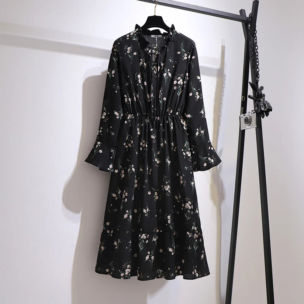 BUSINMENFUO 150Kg Plus Size Women's Bust 149 Spring Autumn Loose Floral Chiffon Long Sleeved Dress 5XL 6XL 7XL 8XL 9XL