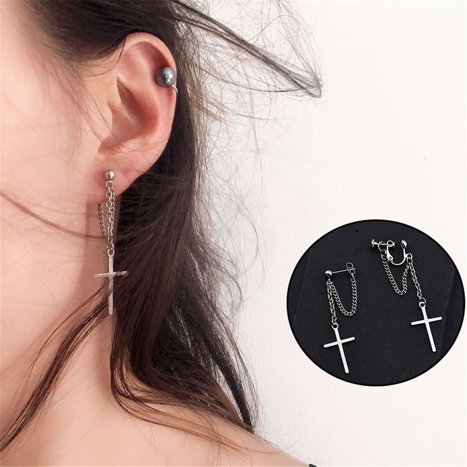 Super Cool Dark Street Female Cross Chain Bungee Earrings Cool and Handsome Personality No Pierced eEar Clip