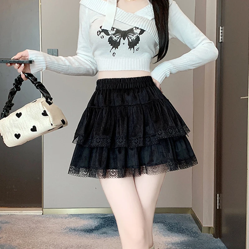 y2k Mini Skirt Women Coquette Clothes Lolita Fairycore High Elastic Tiered Ruffle Skirts Goth Lolita Skirts Streetwear