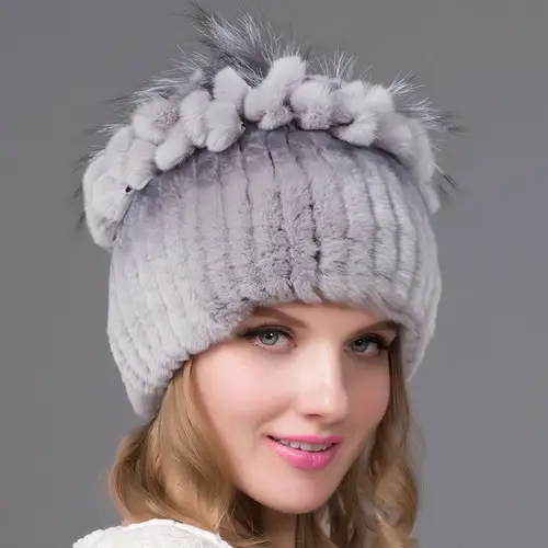 New High-Quality Warm Rabbit Fur Hat Fashionable Fox Fur Knitted Ear Protection Floral Fur Woven Hat - Image 5