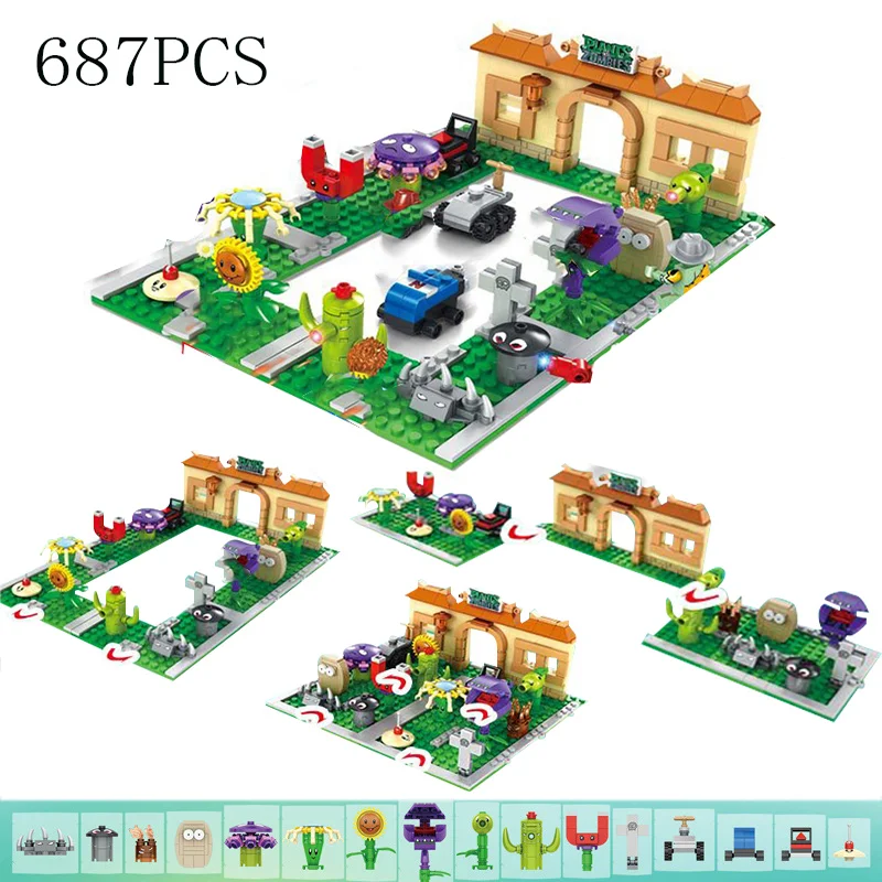 687Pcs Plant Battle Tree House Set Building Blocks Brick Jx90086 Crazy Backyard Zombie Attack Model Toys For Kids Birthday Gift