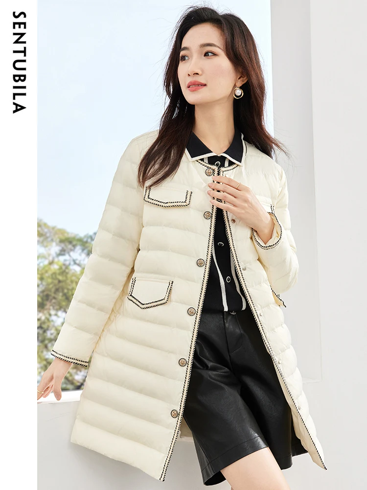 SENTUBILA Women's Crew Neck Mid Length Down Jacket 2023 Winter White Duck Down Coat Windproof Warm Puffer Jackets Top W34Y49573