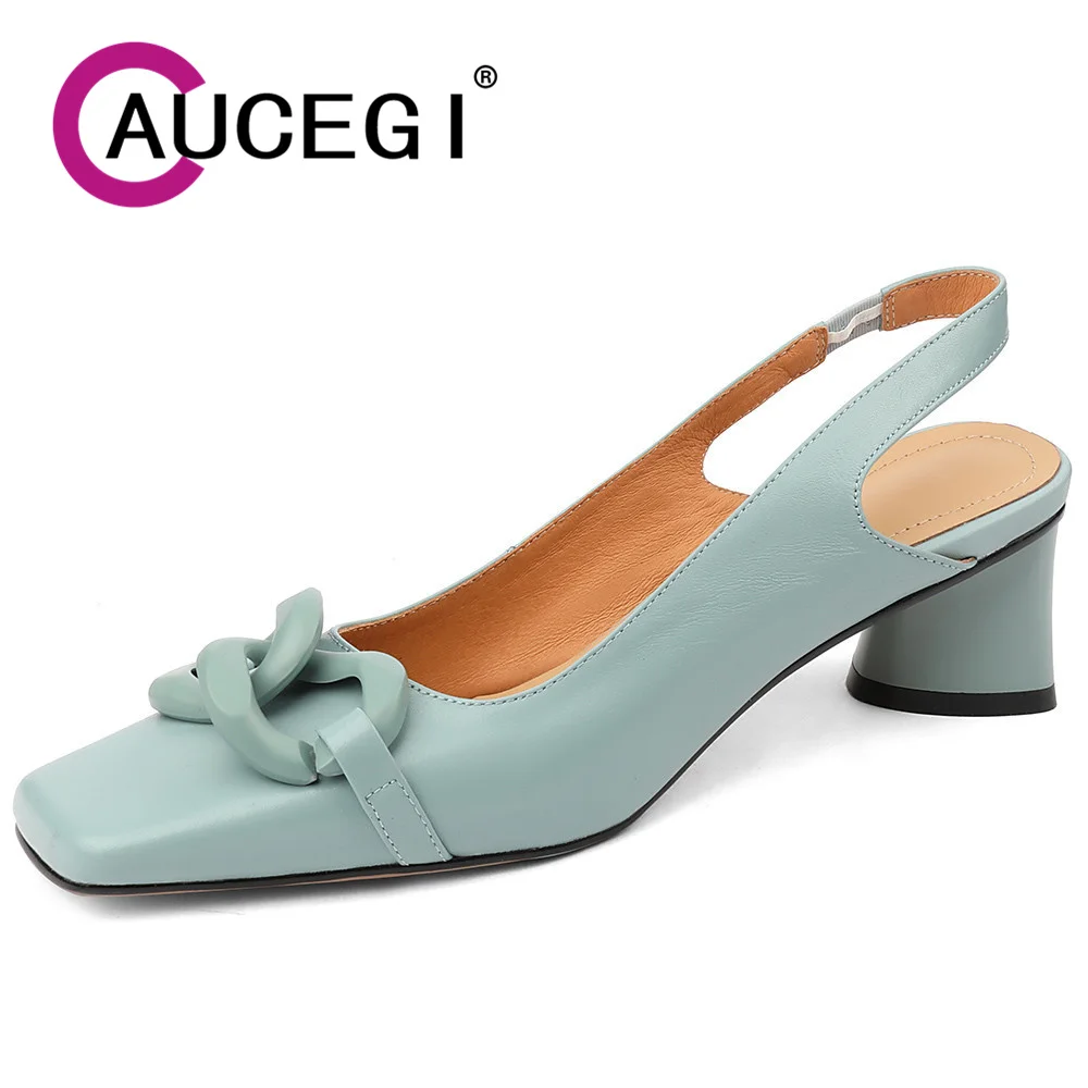 

Aucegi Trendy Women Genuine Leather Chunky Heels Slingback Pumps Retro Square Toe Chain Party Dress Cute Versatile Shoes Beige