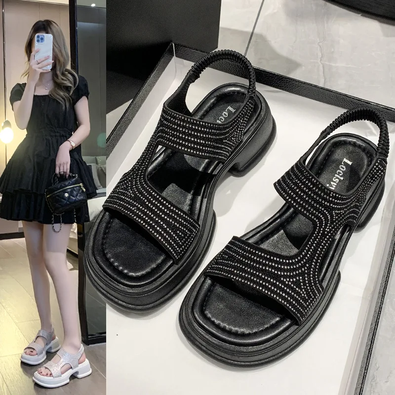 

Fashion Crystal Thick Sole Sandals Women's 2023 Summer Open Toe Platform Party Shoes Women's Elastic Fabric Straps Roman Sandals