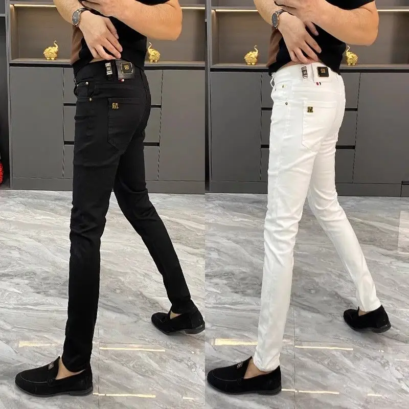 White Jeans Men's European Goods 2025 Summer New Fashion Motorcycle Boots Simple Slim Fit Elastic Versatile Small Feet Trousers 4