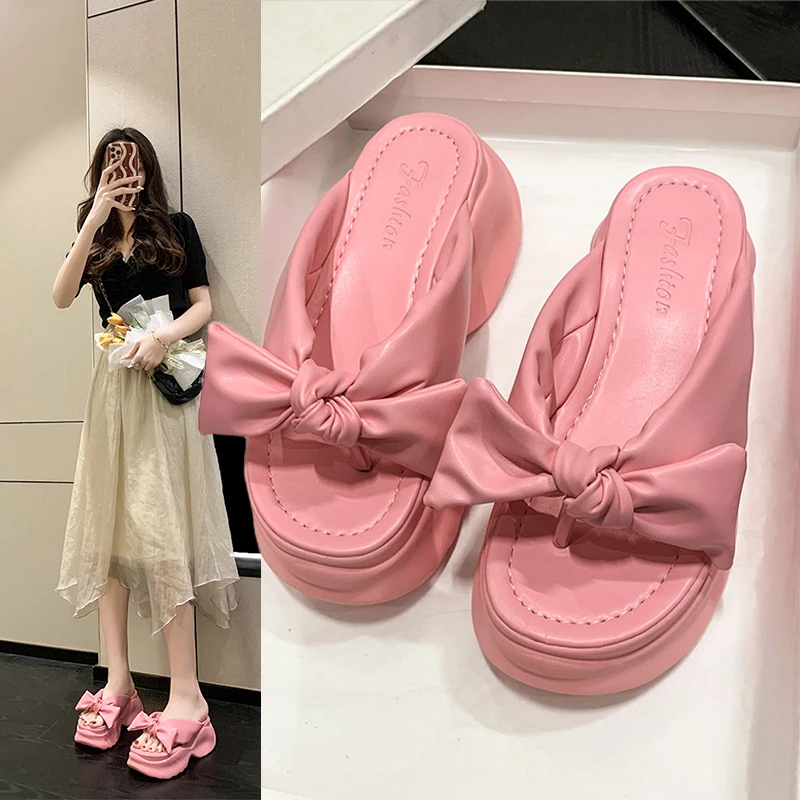 

Shoes Med Butterfly-Knot Womens Slippers Outdoor Rubber Flip Flops Shale Female Beach Pantofle Slides Platform Flat Hawaiian Sab