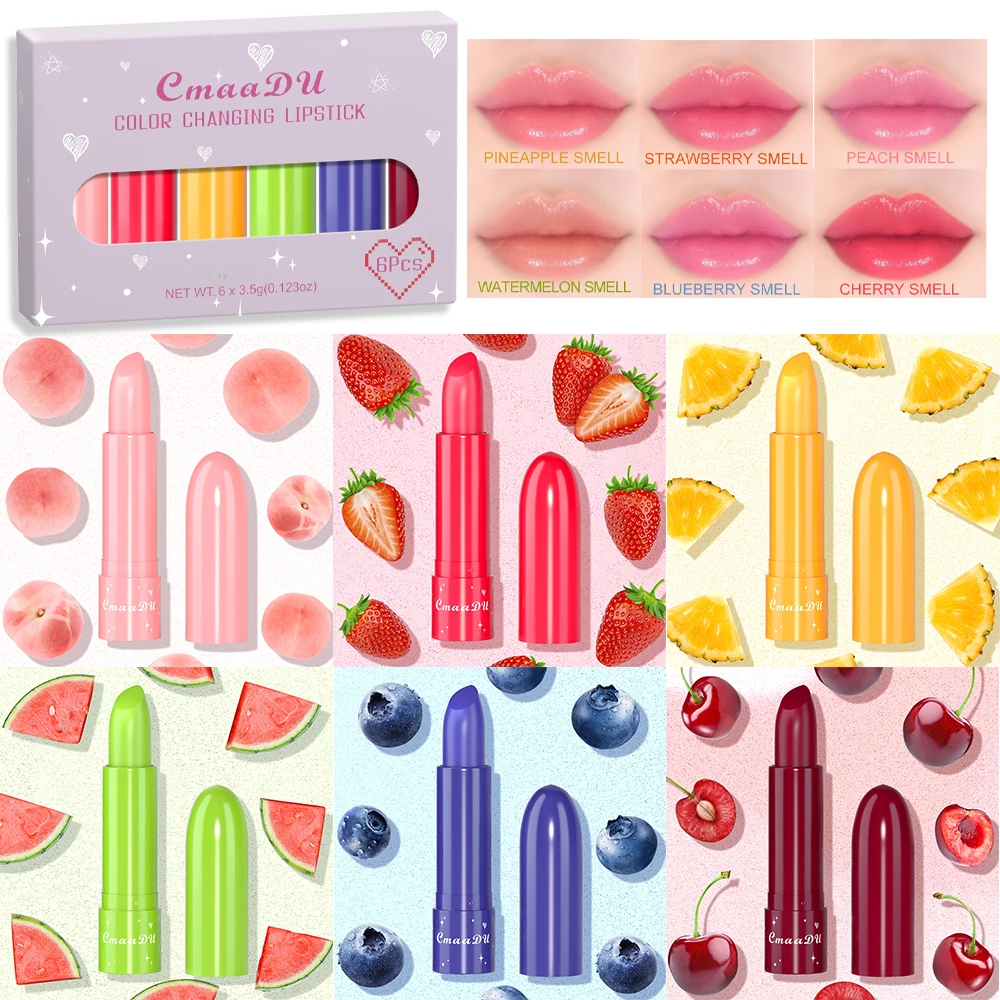CmaaDU6 Color Fruity Single Lip Color Lip Balm PH Change Queen Mood Lasting Color Change Dark Light Lipstick Set 6