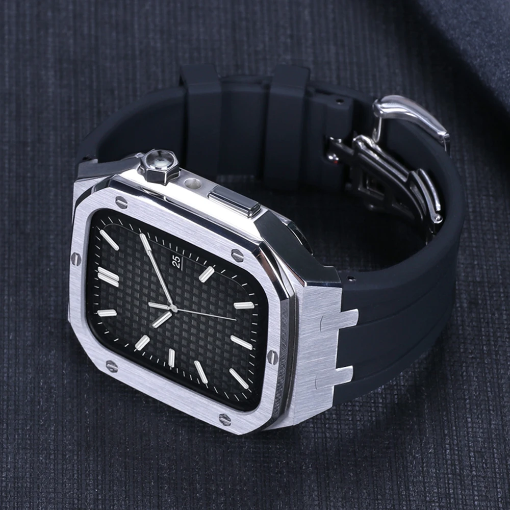 Modification Kit Metal Case+strap For Apple Watch bands Series 8 7 45mm Correa iWatch band 44mm 42mm Rubber Bracelet Wristband