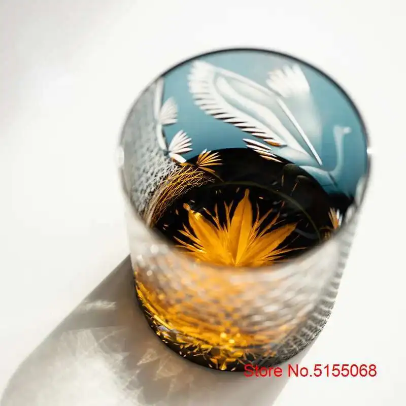 New Japanese Edo Kiriko Pine Crane Whiskey Glass Manual Carving Old Fashioned Whisky Tumbler Work Of Art Wine Cup Brandy Snifter
