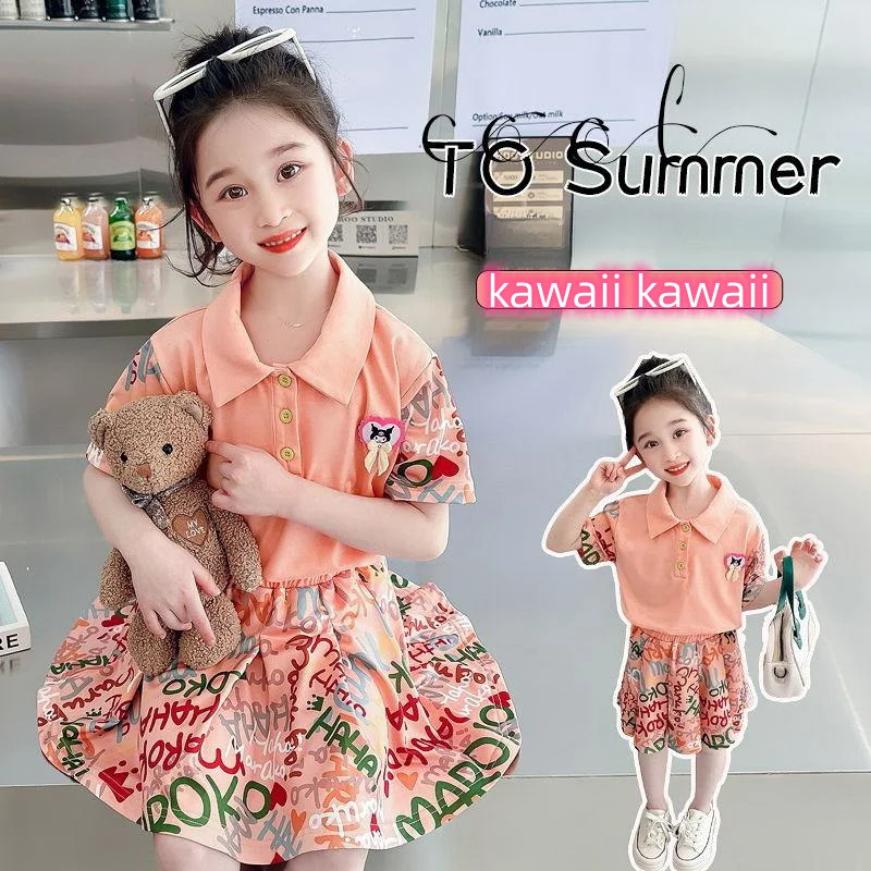 

polo shirt suit Sanrio Series Anime kuromi new fashion style children baby girl summer short-sleeved two-piece cute clothes set