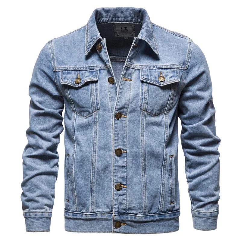 

Fashion Autumn Denim Jacket Men Solid Color Streetwear Jean Coats Multi-Pockets Chaquetas Hombre Quality Casual Cowboy Jackets