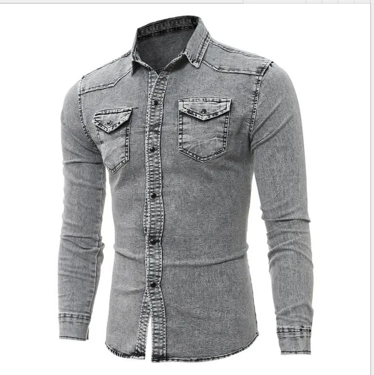 Men Denim Shirt Cotton Jeans Overshirt Slim Fit Long Sleeve Gray Washed Cowboy Shirts Tops M-3Xl