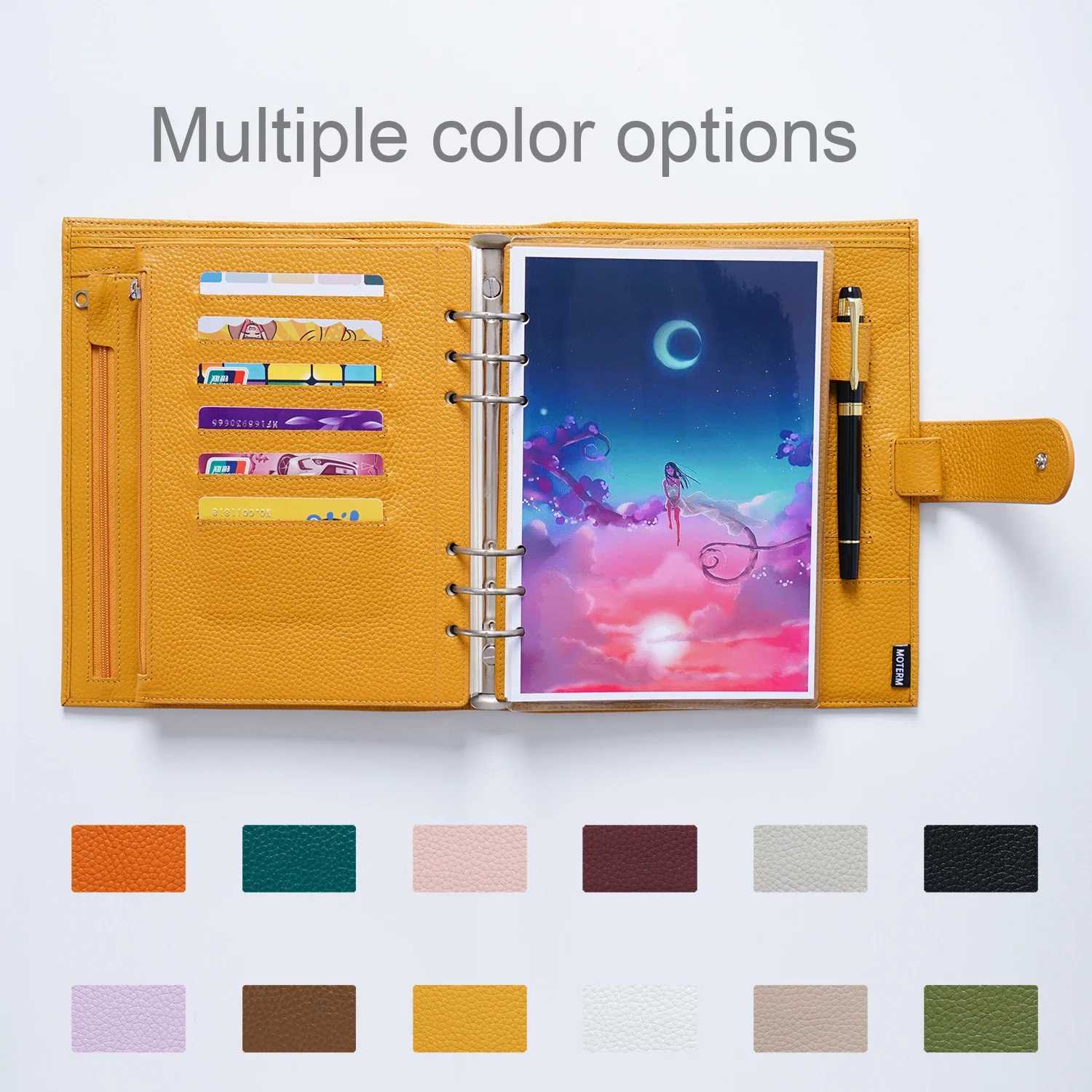 Moterm 지퍼 플라이리프, A5 사이즈 링 플래너,  페블 그레인 가죽 분배기, 동전 보관 가방, 노트북 액세서리