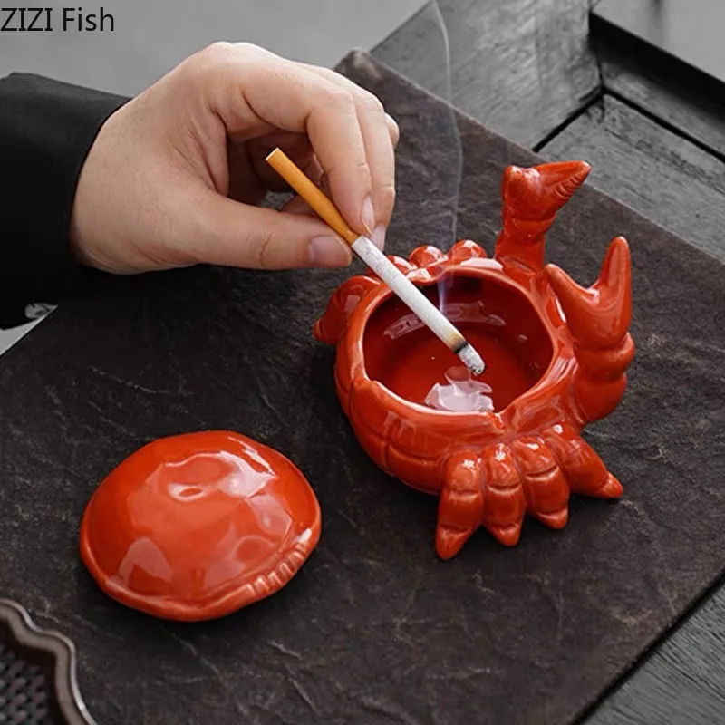 Cute Crab Ashtray Living Room with Lid Anti Fly Ash Ceramic Cigar Ashtray Decoration Chinese Home Decoration Art Friend Gift