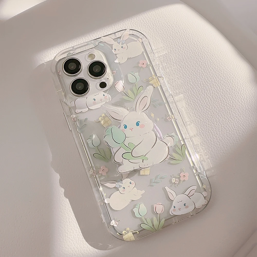 INS Flower Lovely Rabbit Bunny Bracket Case for iPhone 15 14 13 Pro Max 12 11 Pro Plus 7 8 Shockproof Transparent Cover