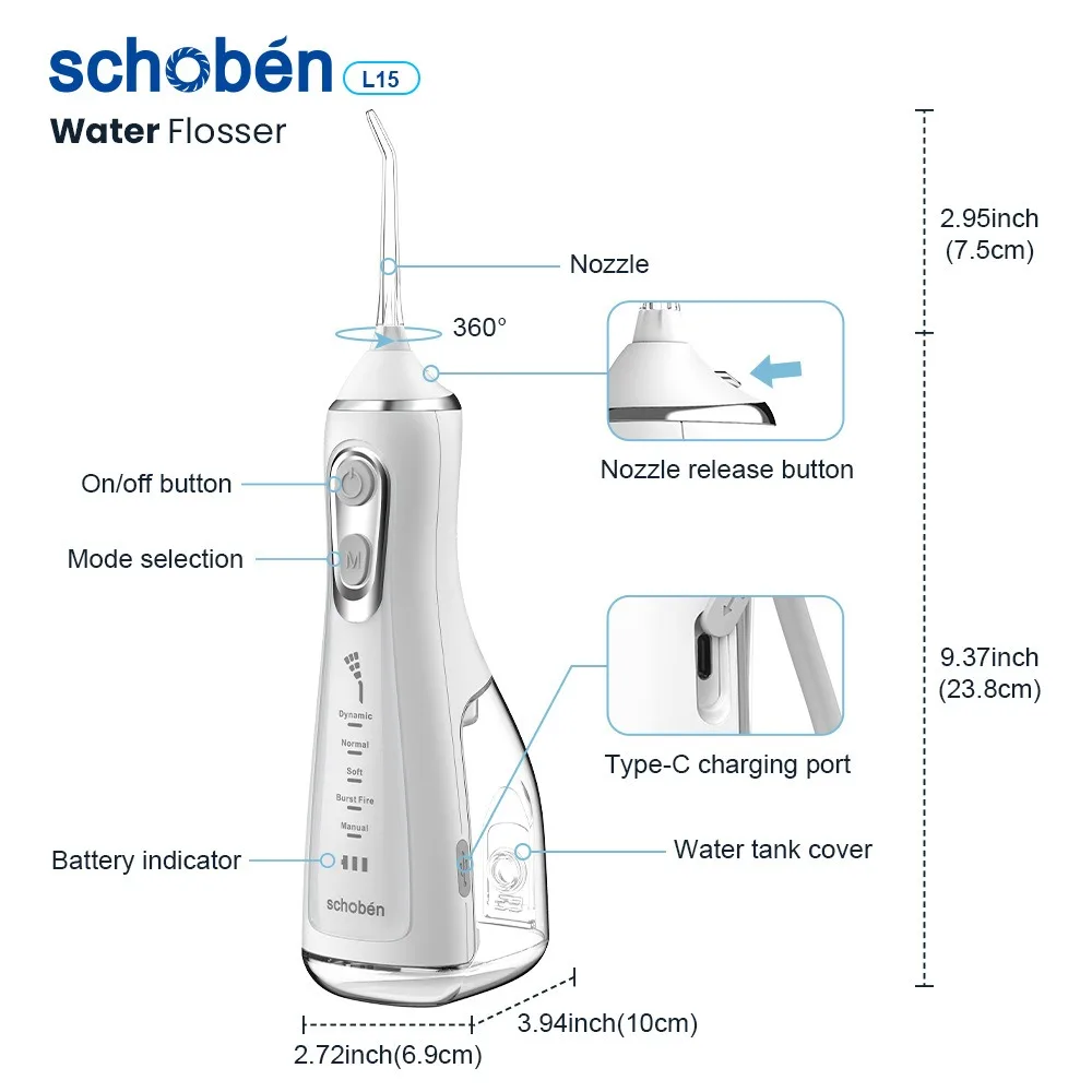 Dental Floss Portable Cordless Oral Irrigator 3 Cleaning Modes Waterproof Rechargeable Dental Cleaner 4 Nozzles Clean Gums