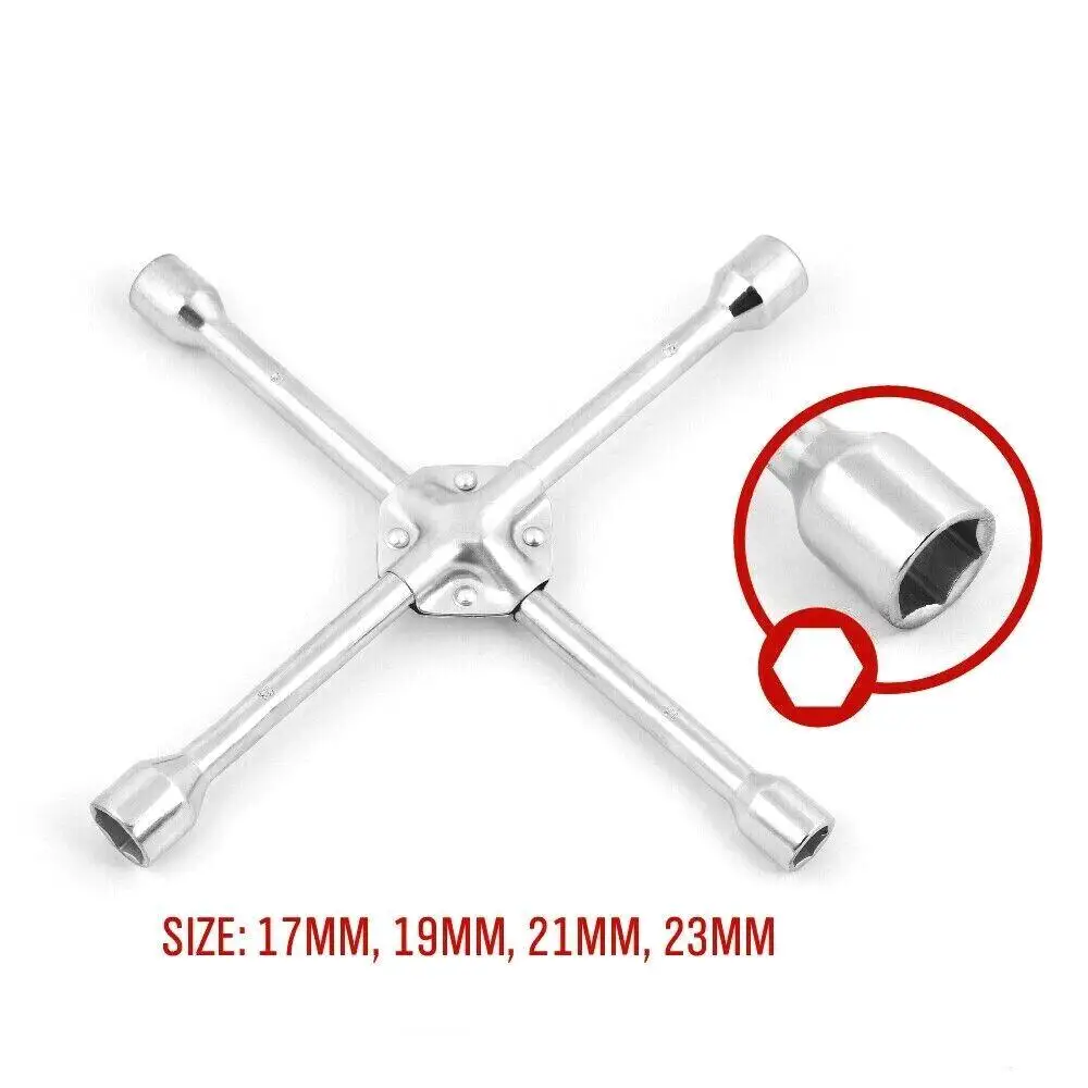 14" Wheel Brace Spanner 4-way Cross Wrench Car Tyre Nut 17 19 21 23mm Socket