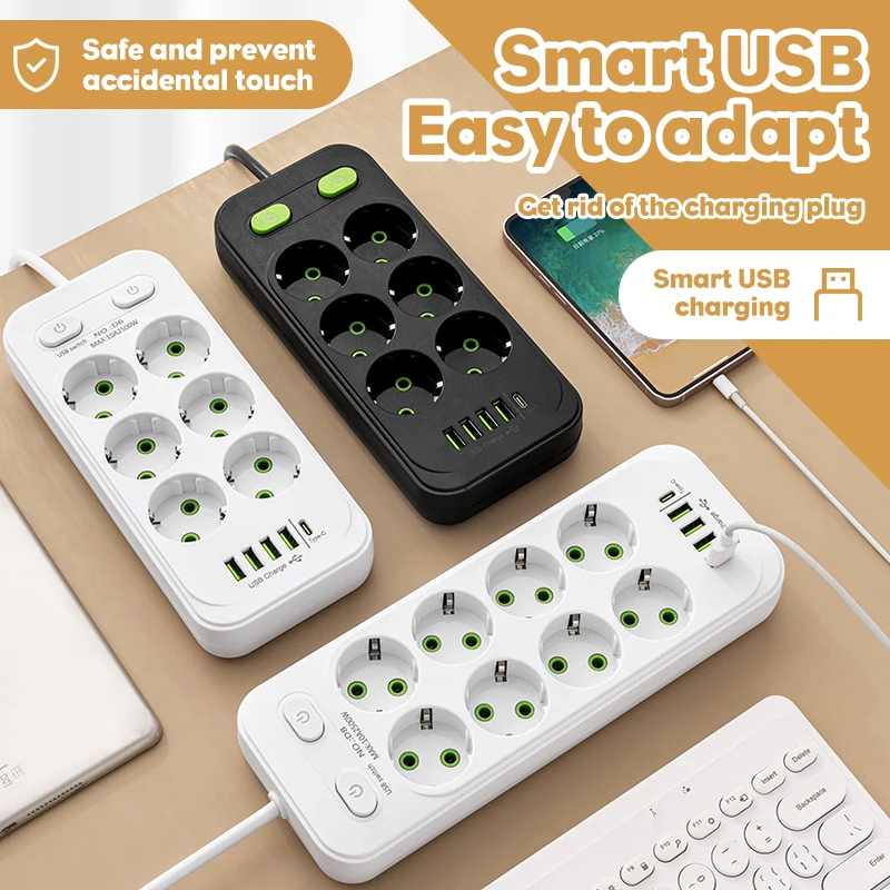 Power Strip EU Plug AC Outlets Multitap Socket 2M Extension Cord Electrical USB Type C Fast Charging Network Filter Adapter