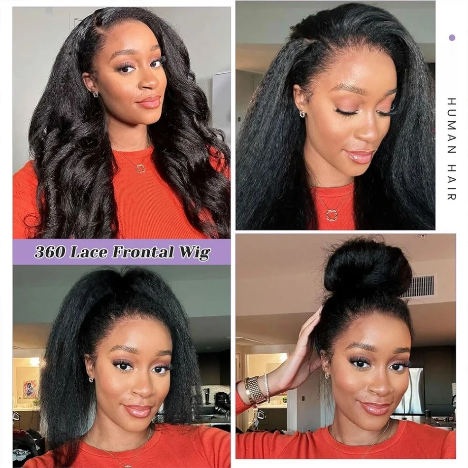360 Full Lace Wig Kinky Straight Human Hair Wigs Invisible Strap 250 Density 360 Lace Frontal Wigs Preplucked Brazilian Hair Wig 4