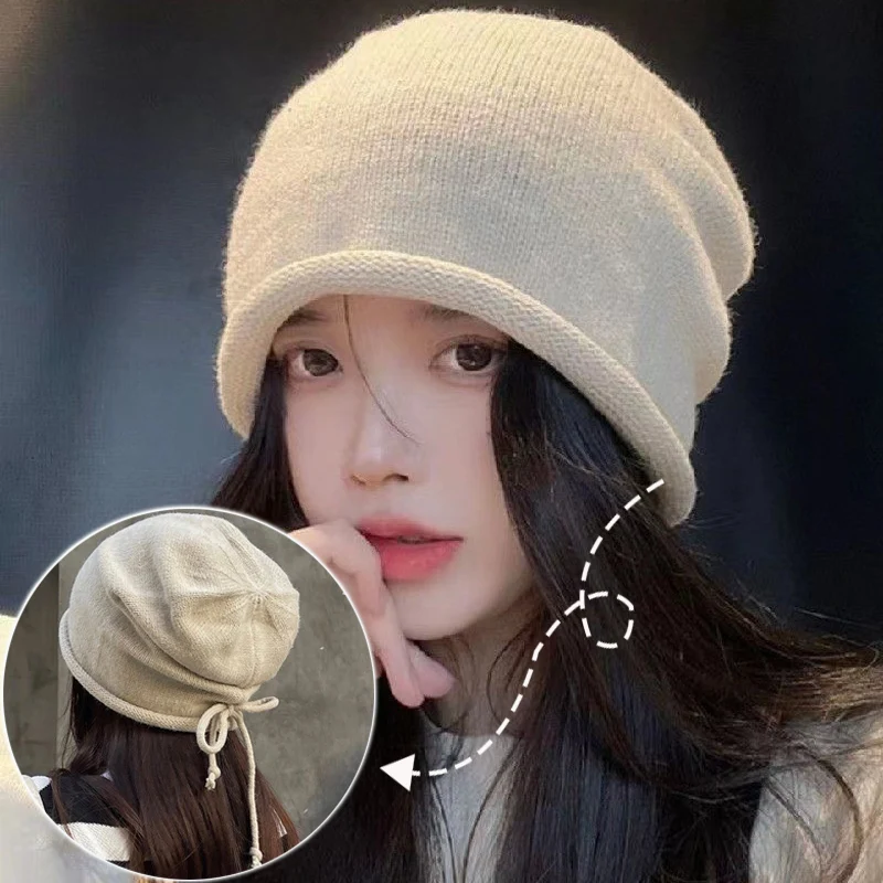 

Модная шапочка со шнурком, шапка для мужчин и женщин, Осенние вязаные однотонные шапочки, облегающие шапки, весенние повседневные Мягкие Шапки, женская