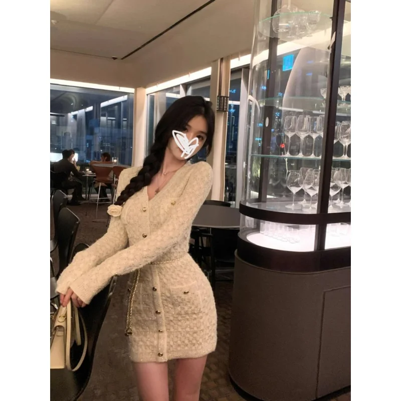 

Autumn Winter Knitted Classic Style V-Neck Long-Sleeve Dress Design Sense Sweater Hip Skirt Women