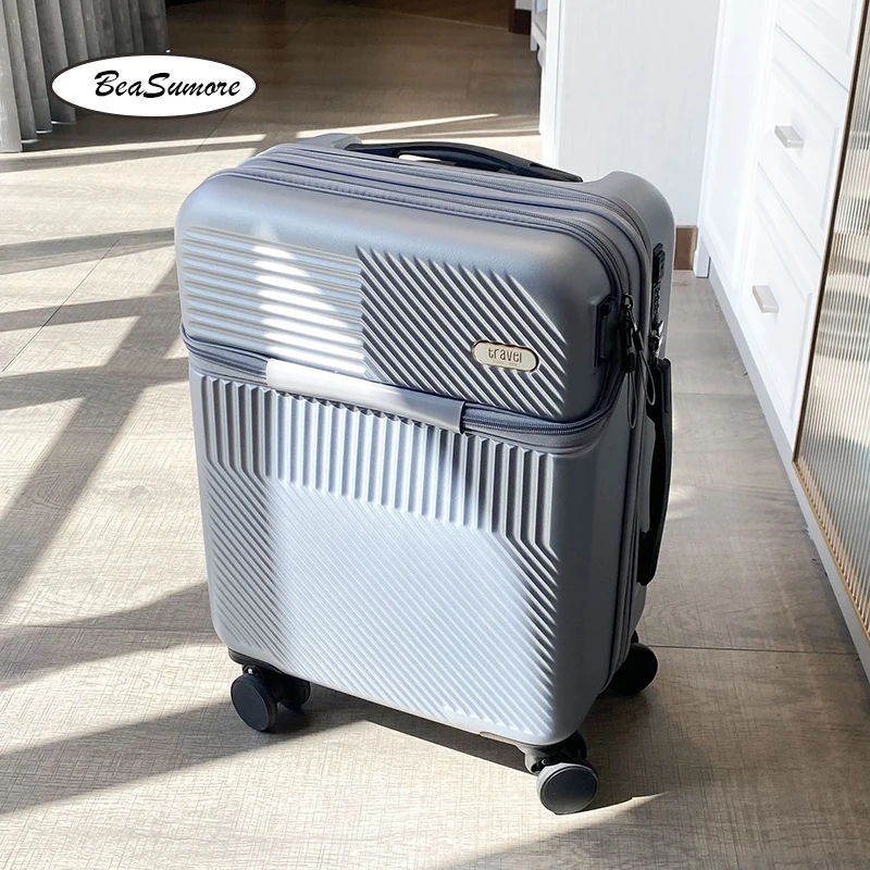 BeaSumore Front opening USB Rolling Luggage Spinner 20 inch Suitcase Wheel Cabin Trolley Women's Handbag Travel Bag Travel Bag Pull Bar Suitcase